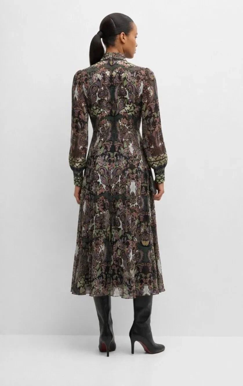Elie Tahari The Raquel Tie-Neck Paisley-Print Midi Dress Green Multi Size 6 - Picture 2 of 12